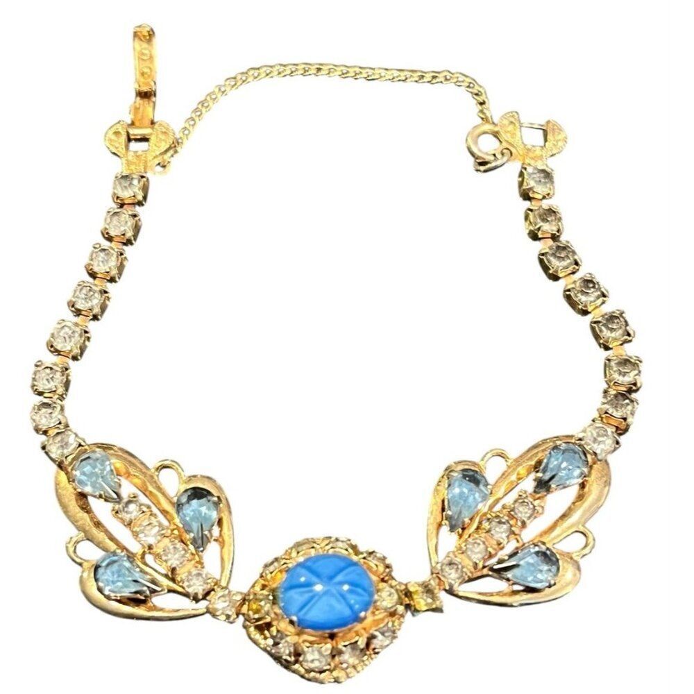 Vtg Aquamarine Ornat Crystal Floral Cluster Cabachon Bracelet Art Deco Safety Cl